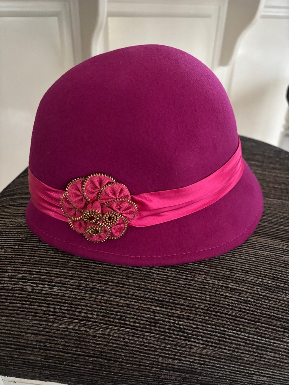 Women's Fuchsia Felt Cloche Hat with Satin Band and Floral Accent